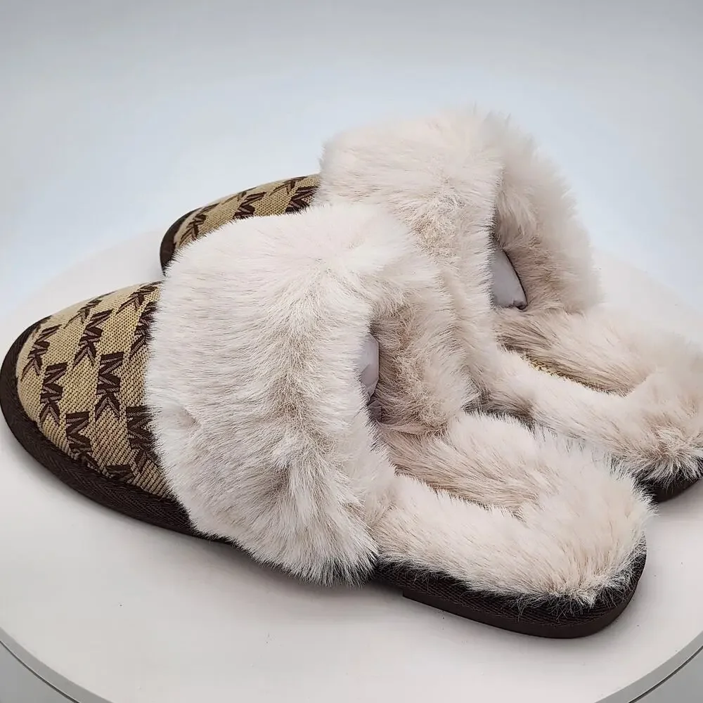 NEW - Michael Kors Tula Scuff Women's Faux Fur Logo Slide House Shoes - Size 6